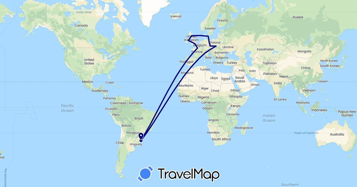 TravelMap itinerary: driving in Brazil, Czech Republic, Germany, Denmark, France, United Kingdom, Ireland, Italy, Poland (Europe, South America)